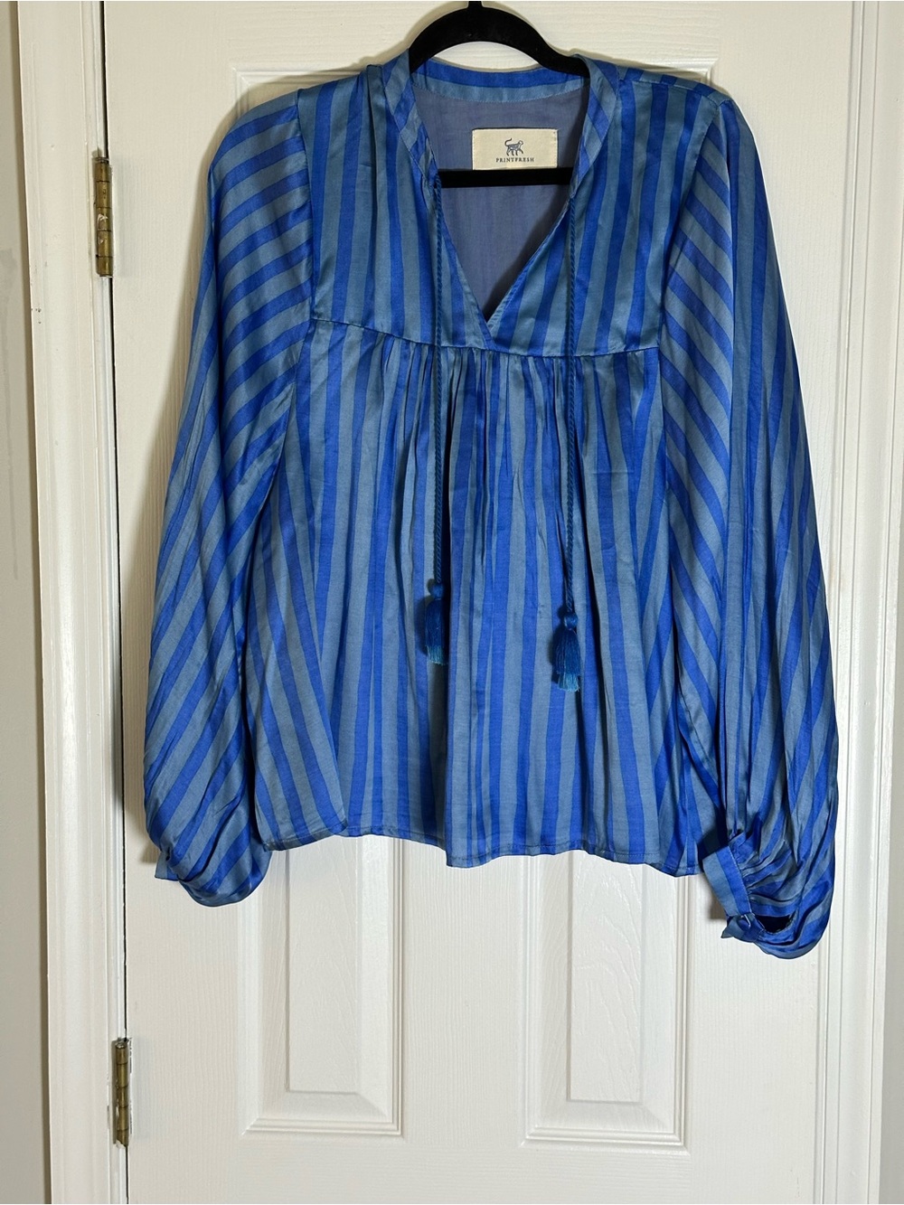 Printfresh Vintage Blue Striped Tassel Cotton Blouse